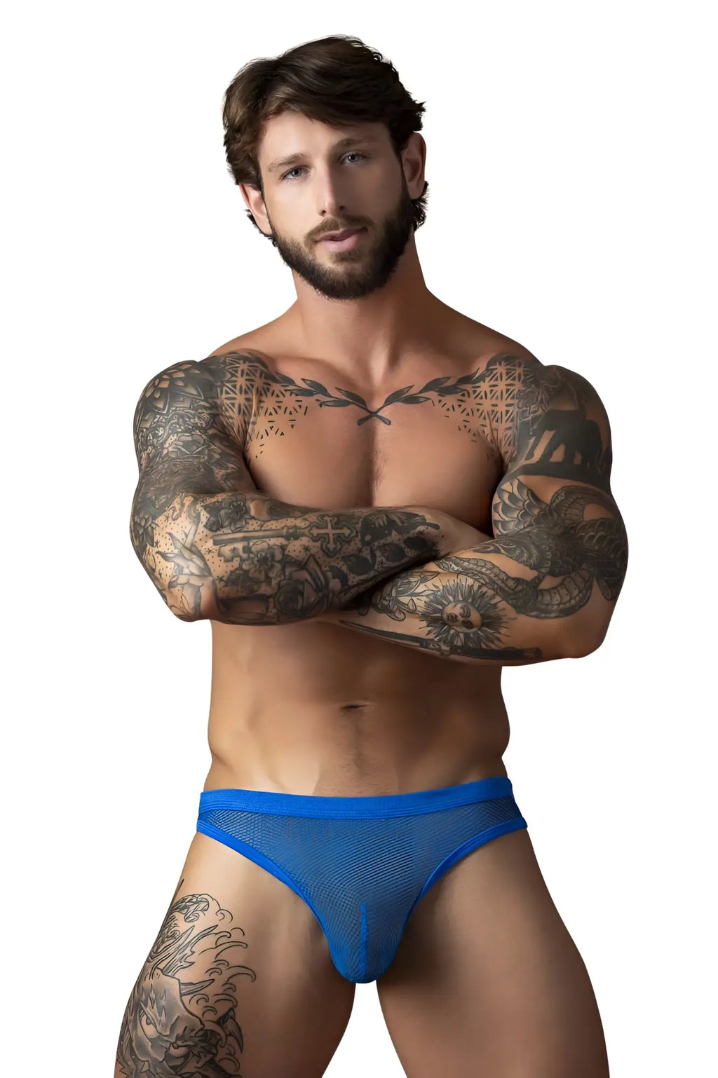 Blue mesh male power 441-11c fishnet bong thong briefs in royal color front view