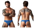 Back view of male power 441-11c fishnet royal blue mesh thong with low-rise cut and intricate design