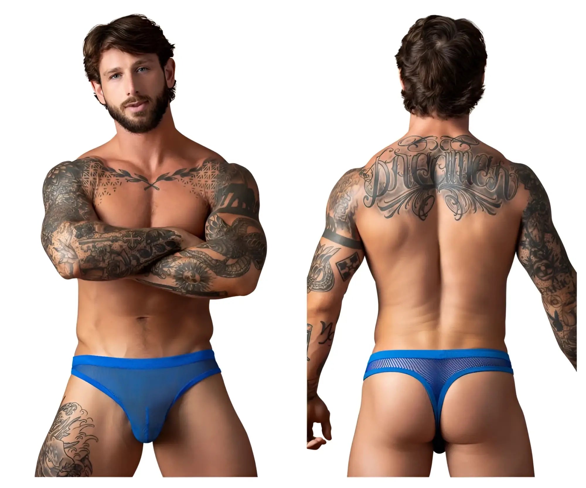 Back view of male power 441-11c fishnet royal blue mesh thong with low-rise cut and intricate design