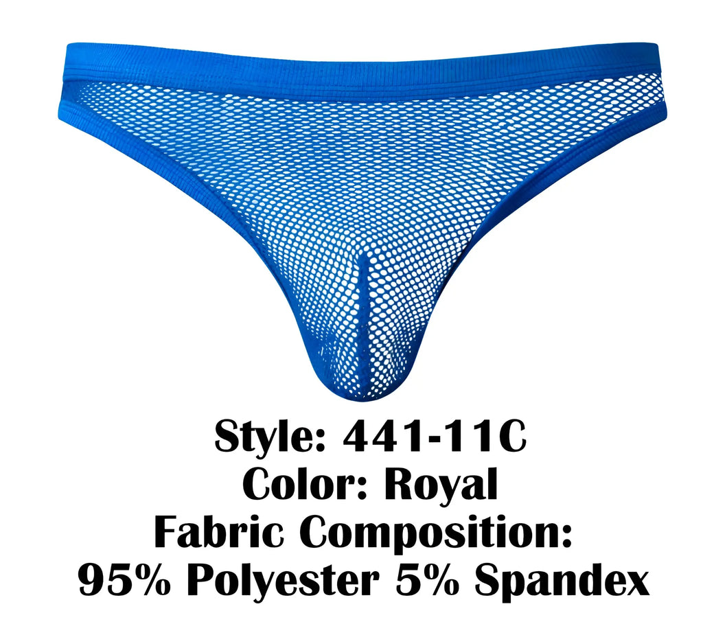Royal blue mesh thong male power 441-11c fishnet 2 bong made of 95 polyester and 5 spandex front view