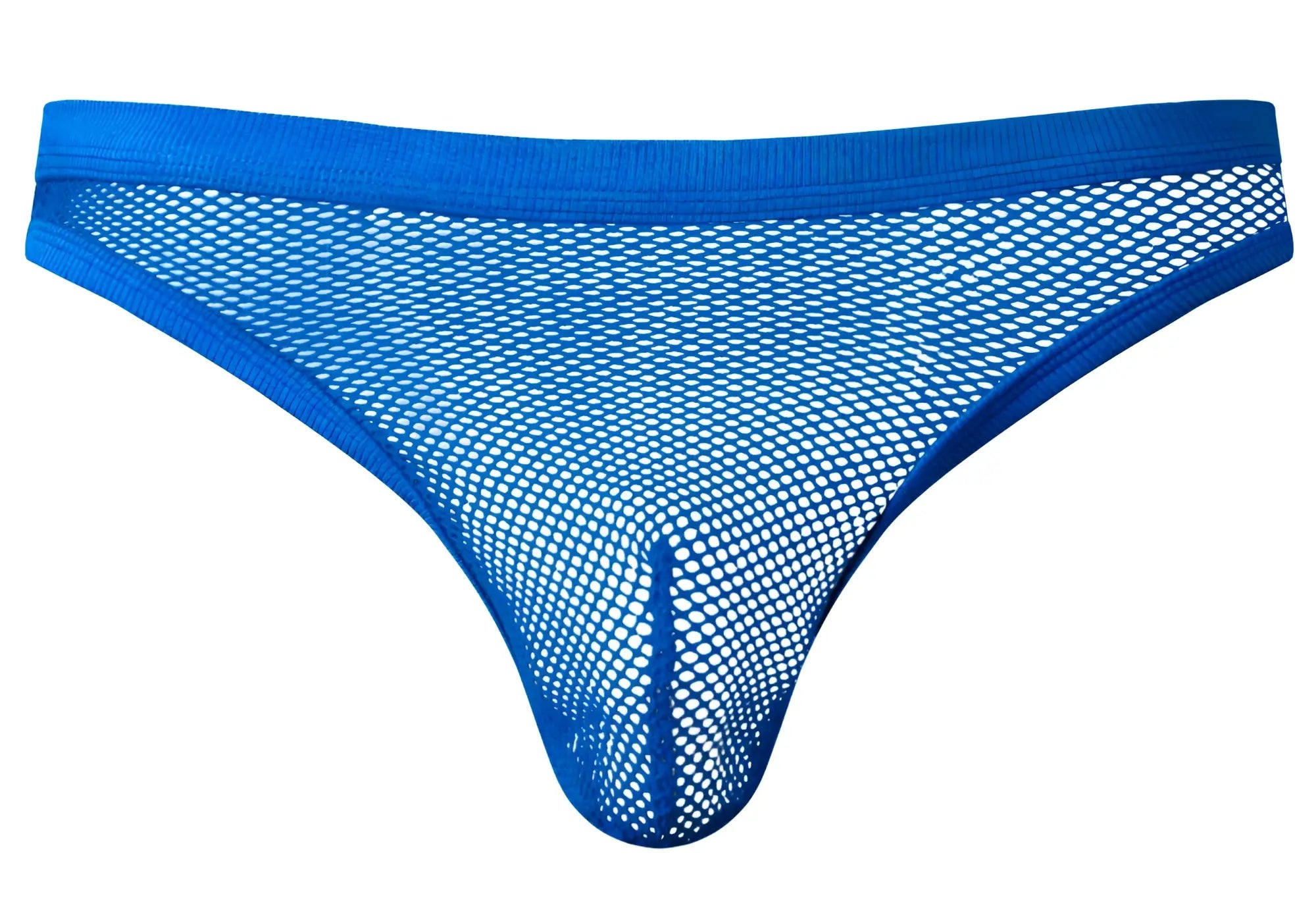 Male power 441-11c fishnet blue mesh thong with solid royal blue waistband and leg openings front view