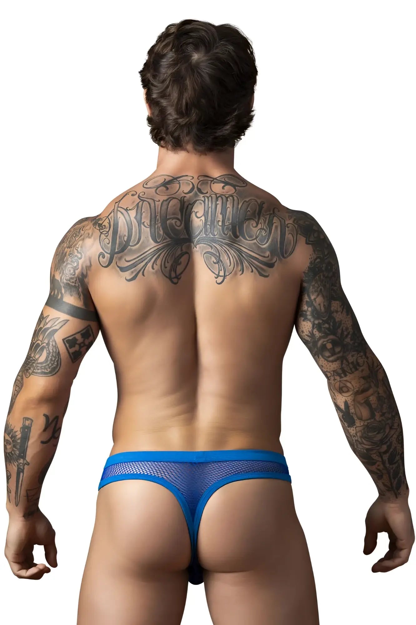 Male power 441-11c royal blue fishnet thong with solid waistband showing front view