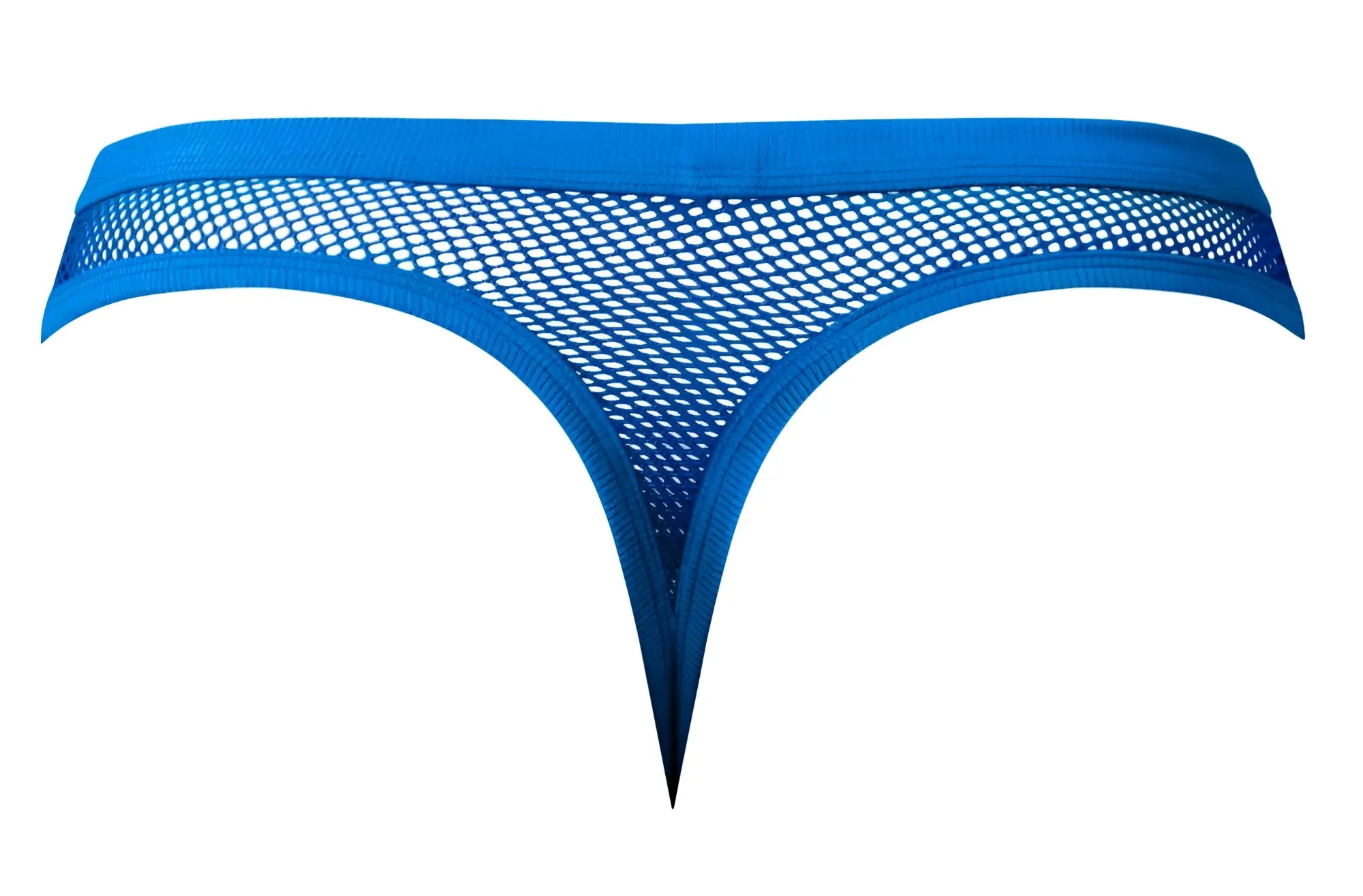 Male power 441-11c fishnet 2 bong thong in royal blue mesh with solid fabric waistband and leg openings