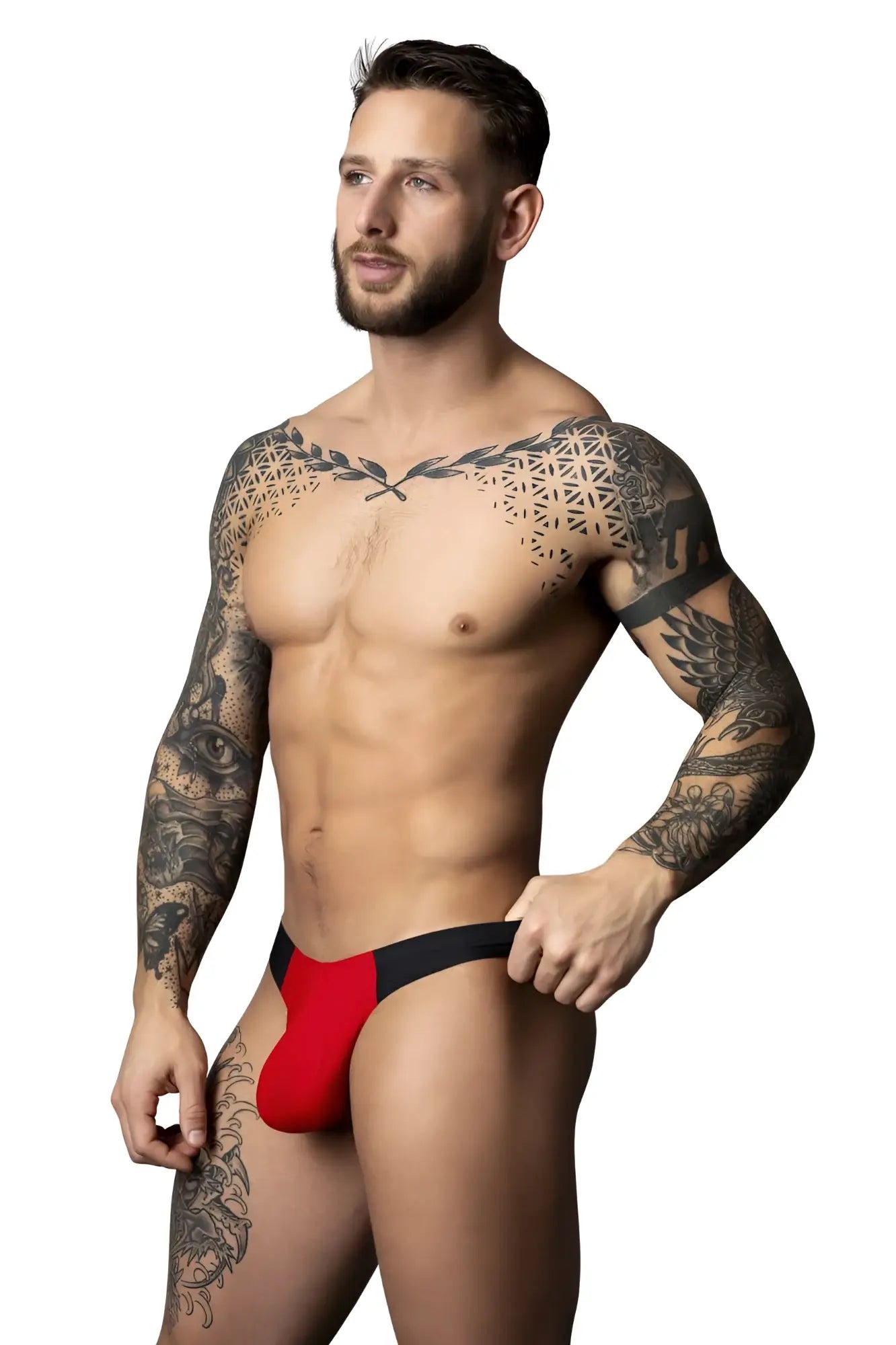 Male power 442-300 hot mesh bong thong in black and red with sleek form-fitting athletic brief design