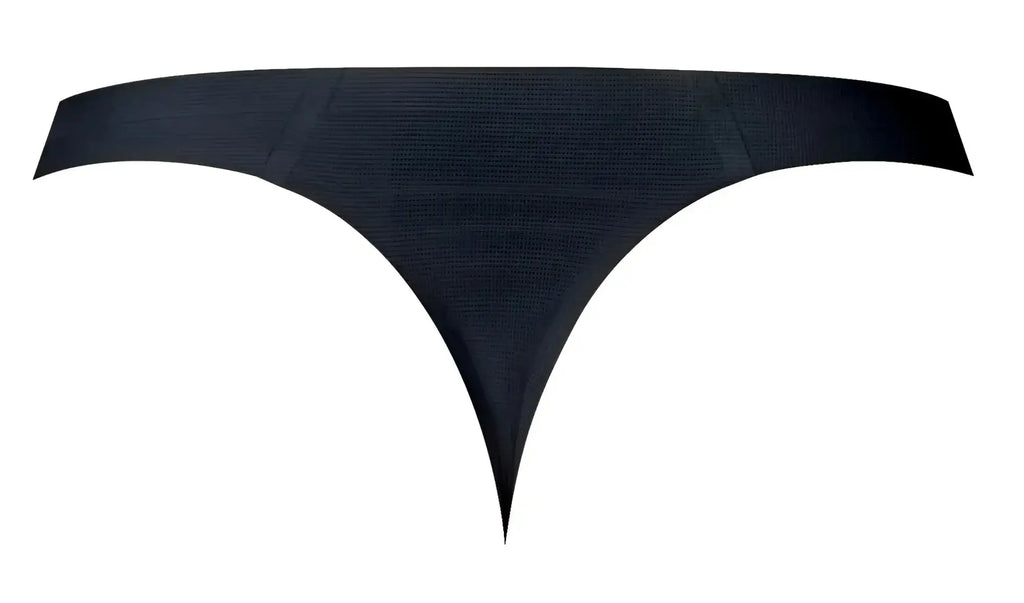 Black textured male power 442-300 hot mesh thong with sleek modern design in black and red shown from the back side
