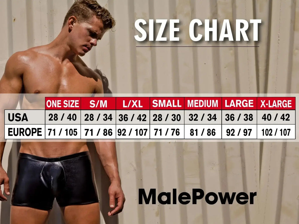 Black shiny latex men’s briefs by Male Power from the 442-300 Hot Mesh Bong Thong in black and red