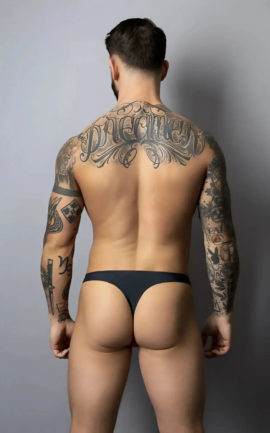Black red male power 442-300 hot mesh thong with smooth form-fitting design shown from the back side