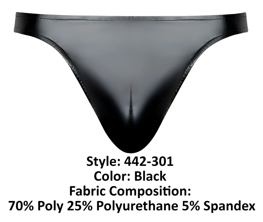 Black glossy-finish thong made of stretchy polyester and polyurethane blend shown from the back male power 442-301