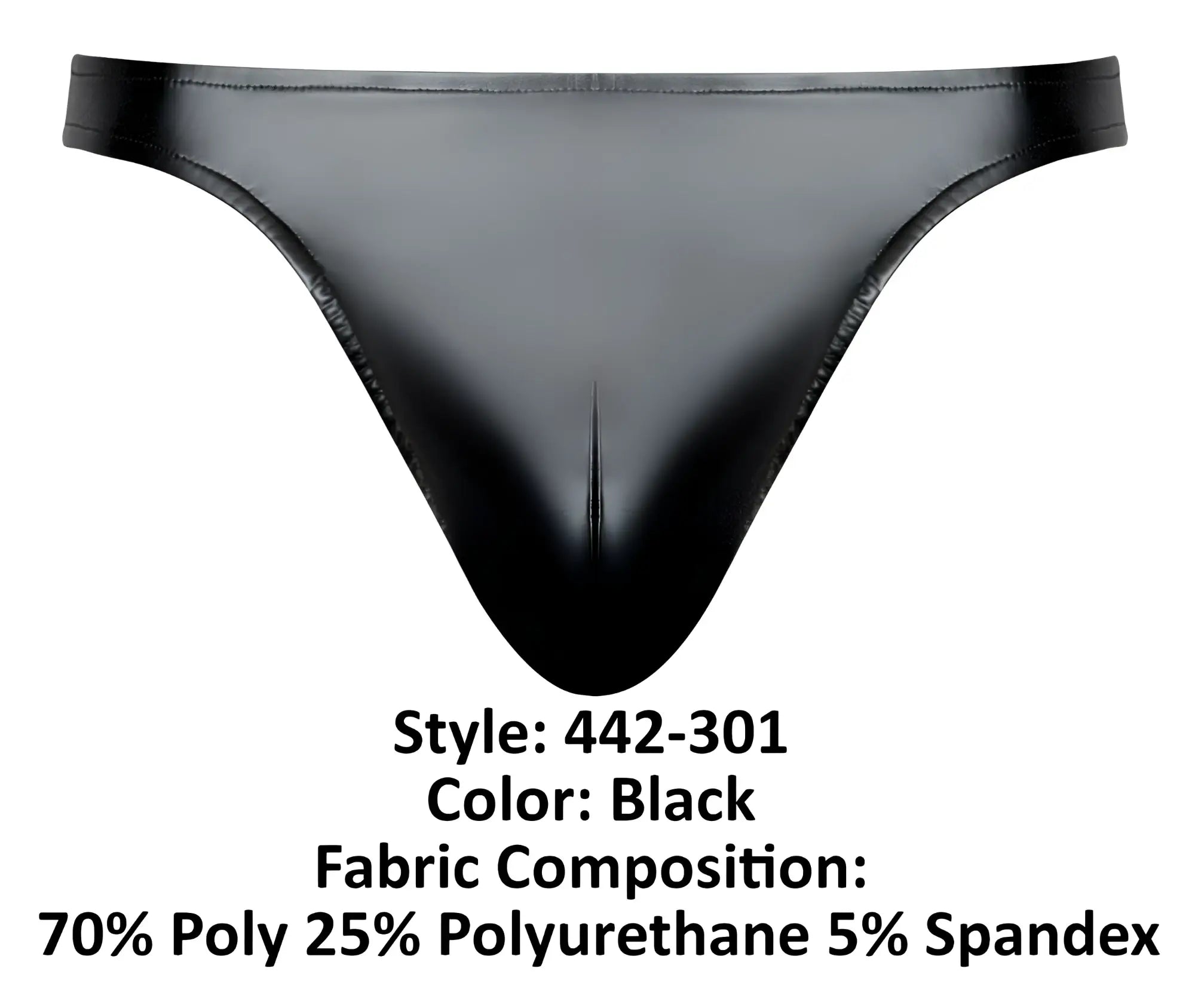 Black glossy-finish thong made of stretchy polyester and polyurethane blend shown from the back male power 442-301