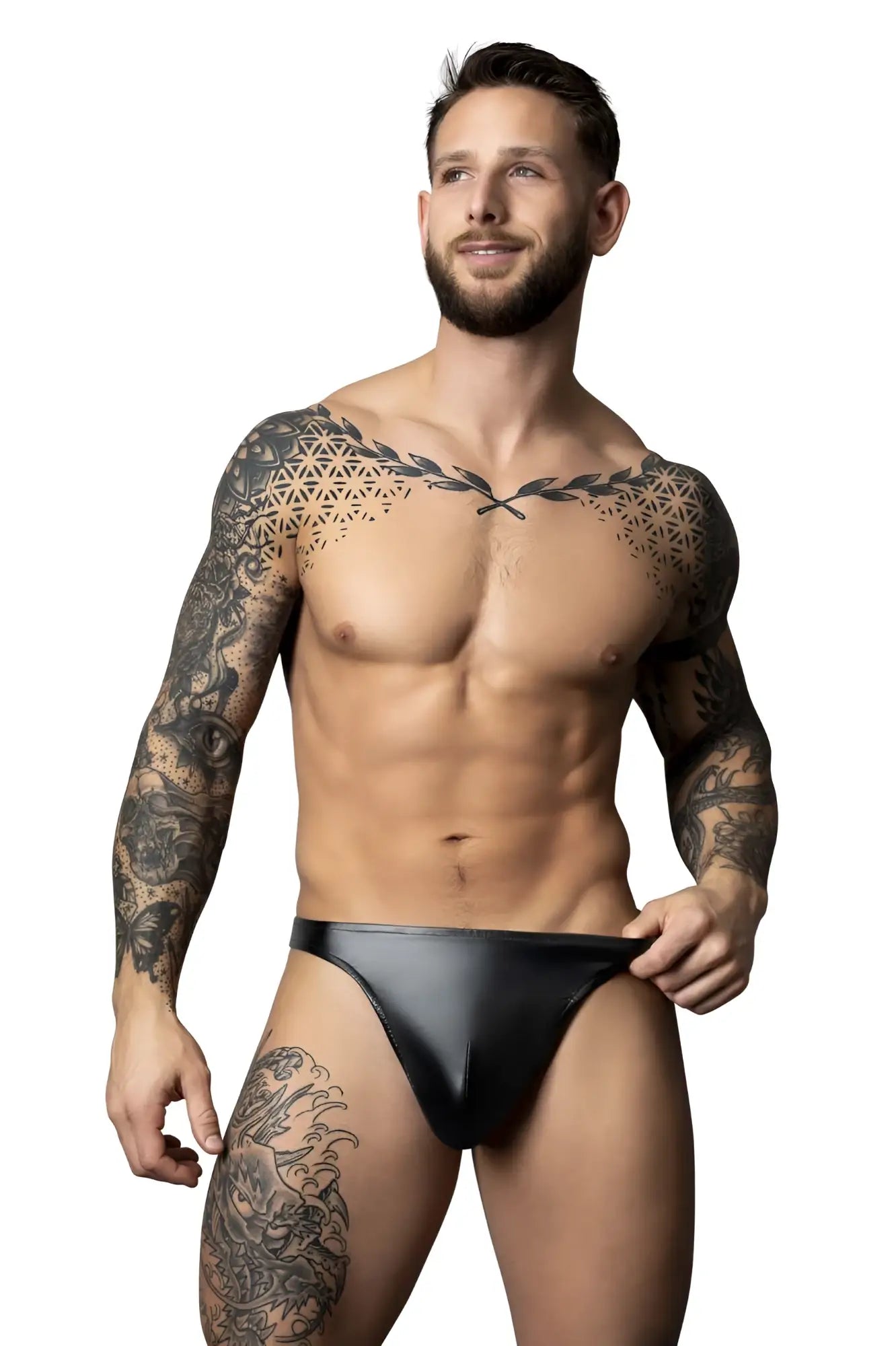 Black leather male power 442-301 liquid onyx 2.0 bong thong showing the back side of the briefs