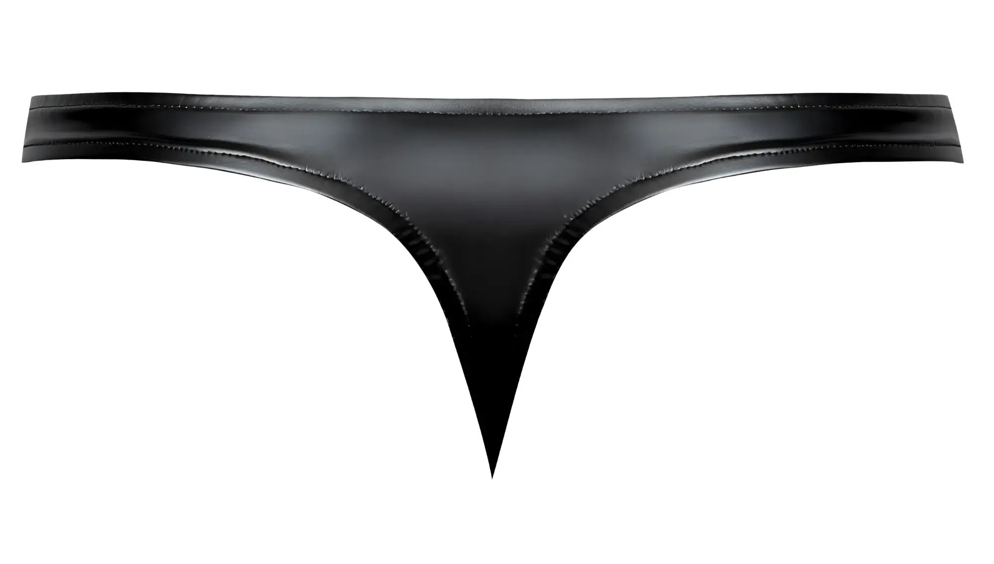 Black patent leather male power 442-301 liquid onyx 2.0 thong with sleek glossy finish and precise edge stitching