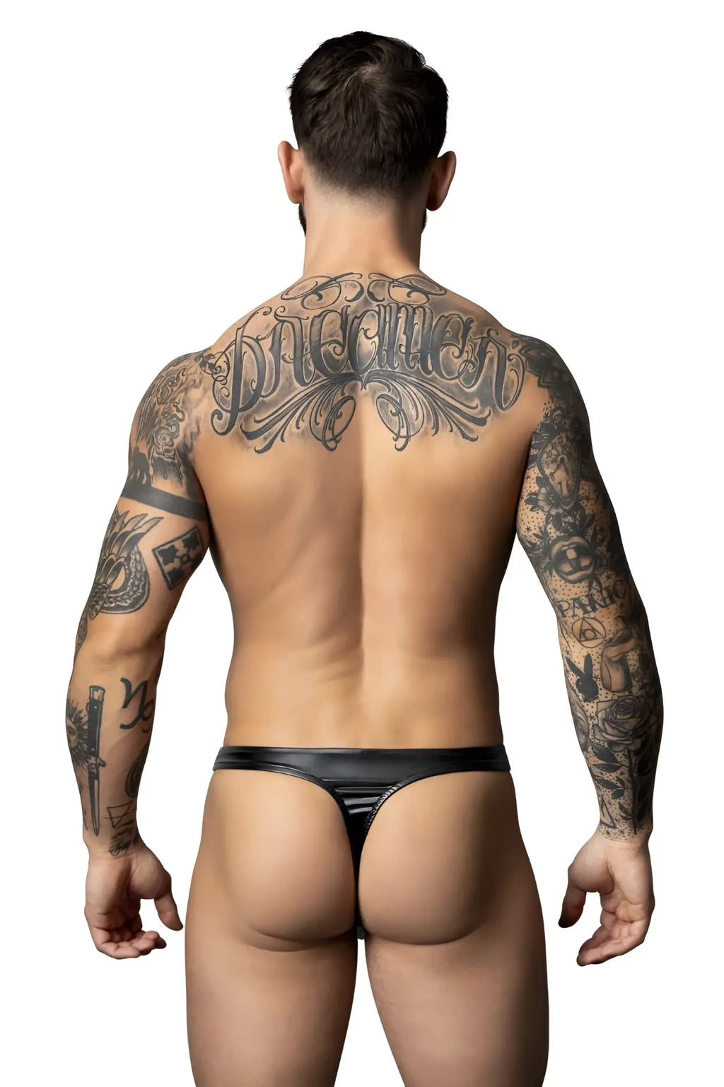 Black shiny latex thong for men by male power featuring a liquid onyx 2.0 bong design in black color shown from back