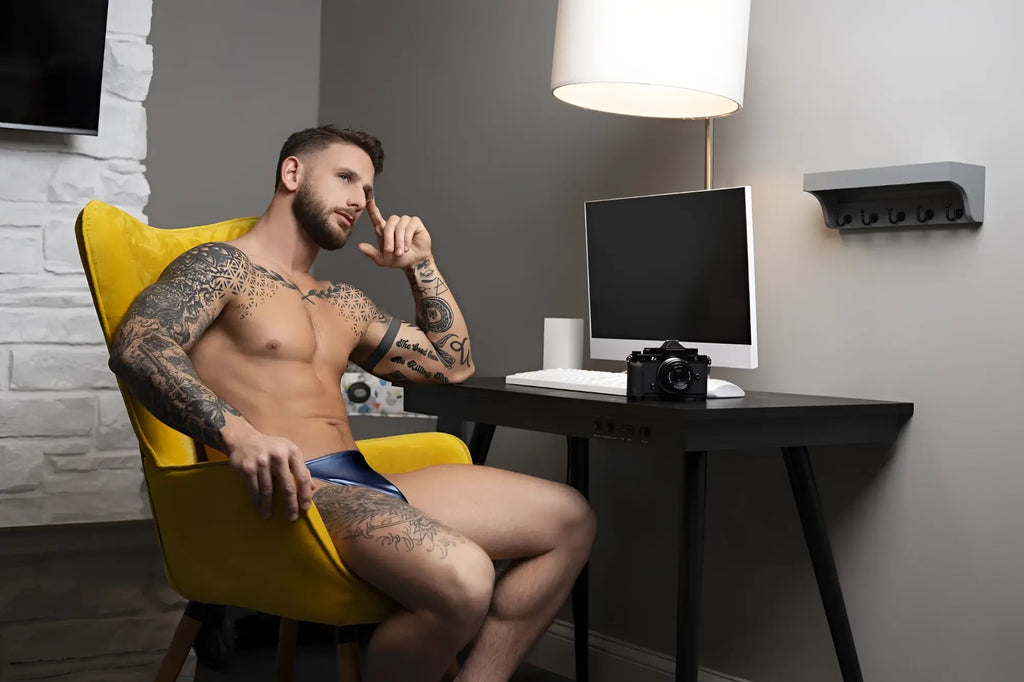 Black classic design camera on desk next to male power 442-301 liquid onyx 2.0 bong thong blue product