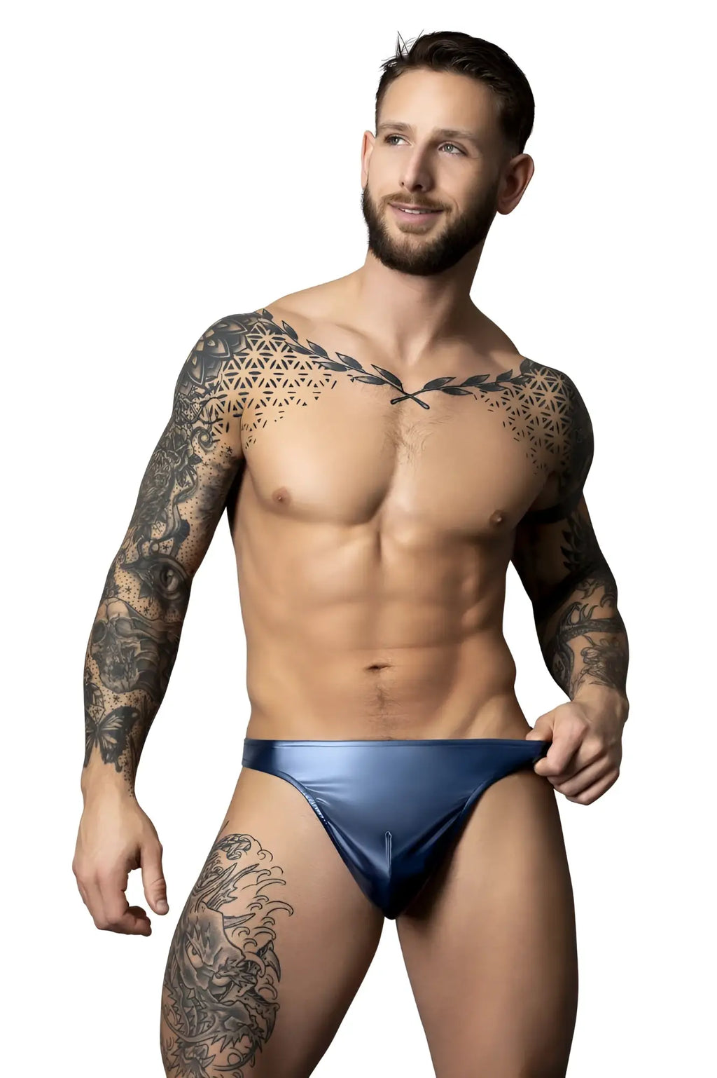 Male power 442-301 liquid onyx 2.0 blue metallic briefs designed as a bong thong for bold men’s underwear style