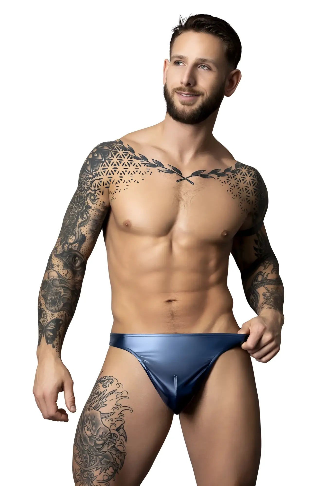 Male power 442-301 liquid onyx 2.0 blue metallic briefs designed as a bong thong for bold men’s underwear style