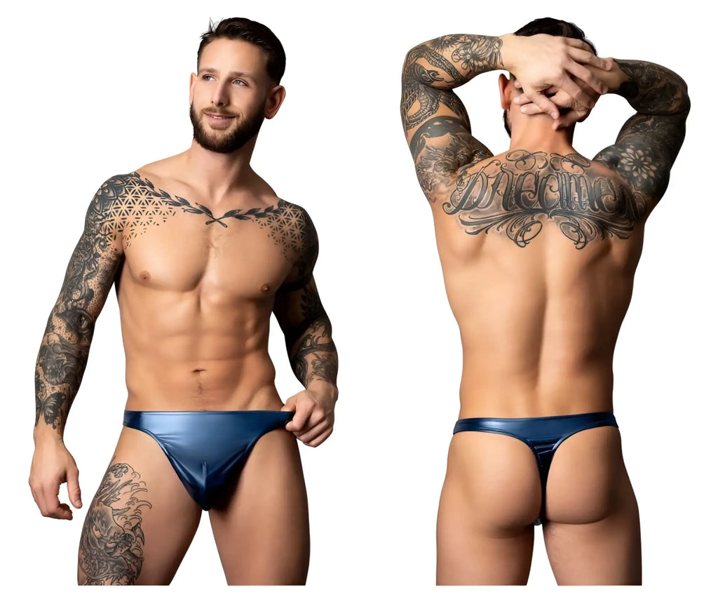 Blue shiny liquid onyx 2.0 bong thong briefs by male power shown from the back in metallic blue material