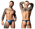Blue shiny liquid onyx 2.0 bong thong briefs by male power shown from the back in metallic blue material