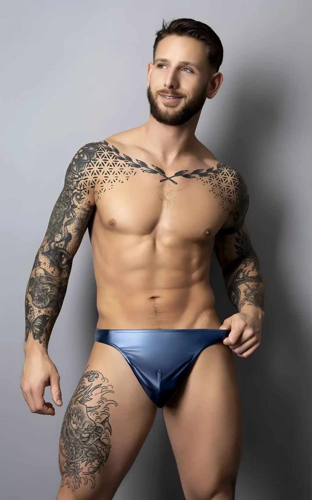 Shiny navy blue satin briefs male power 442-301 liquid onyx 2.0 bong thong color blue front view