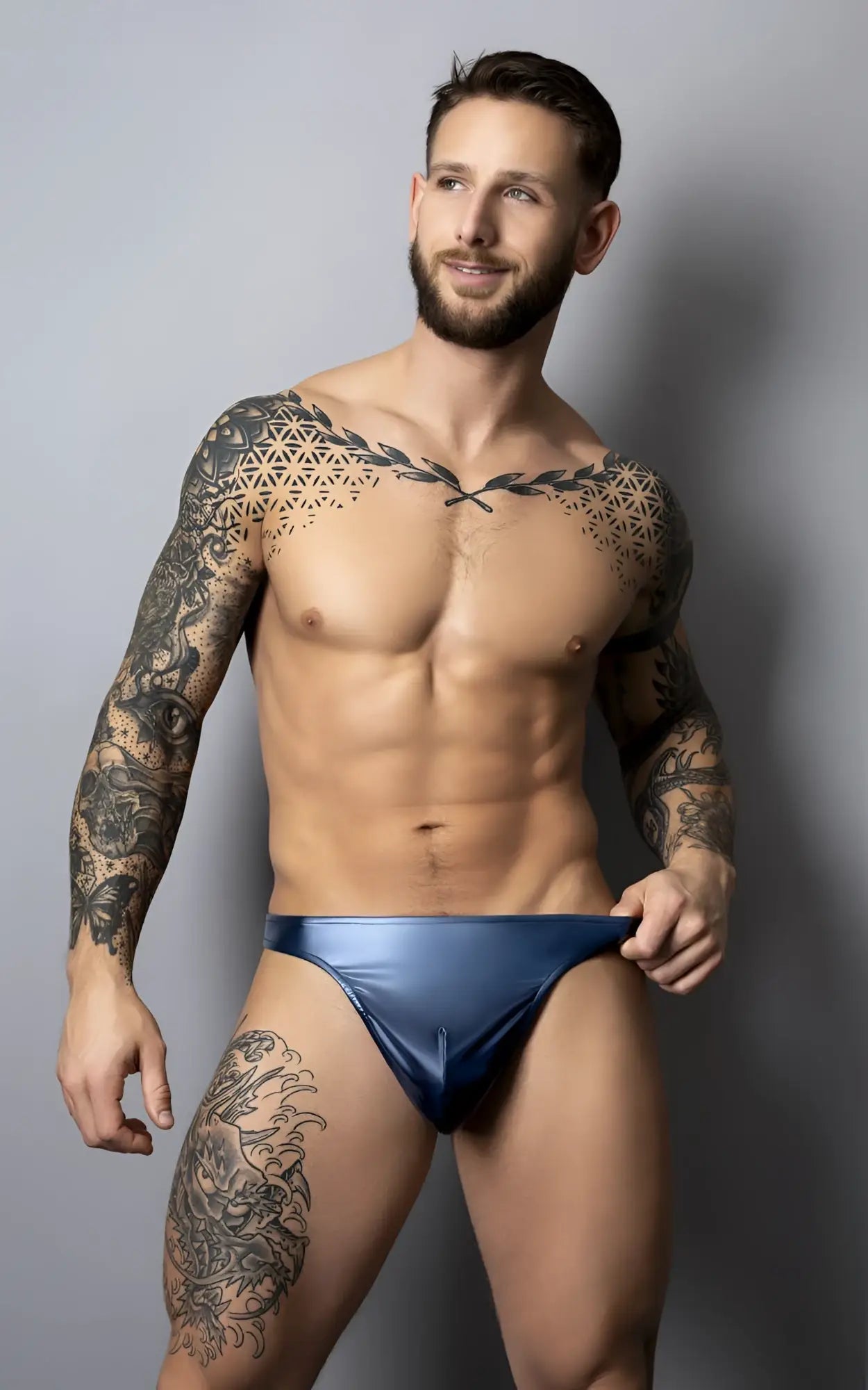 Shiny navy blue satin briefs male power 442-301 liquid onyx 2.0 bong thong color blue front view