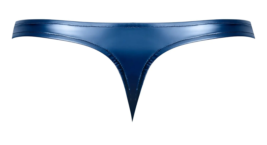 A sleek deep blue male power 442-301 liquid onyx 2.0 patent leather thong with precise stitching