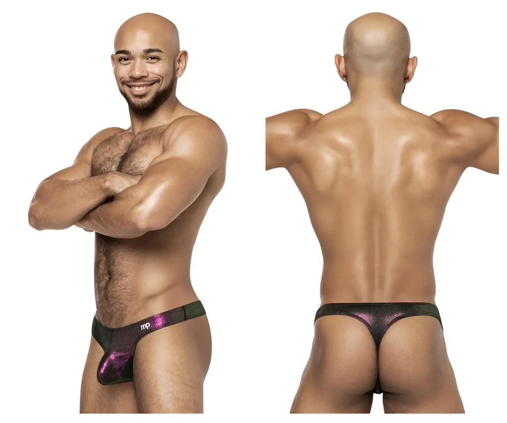 Male power 443-277 hocus pocus uplift bong thong in black and purple iridescent fabric with shimmering pattern