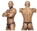 Male power 443-277 hocus pocus uplift bong thong in black and purple iridescent fabric with shimmering pattern