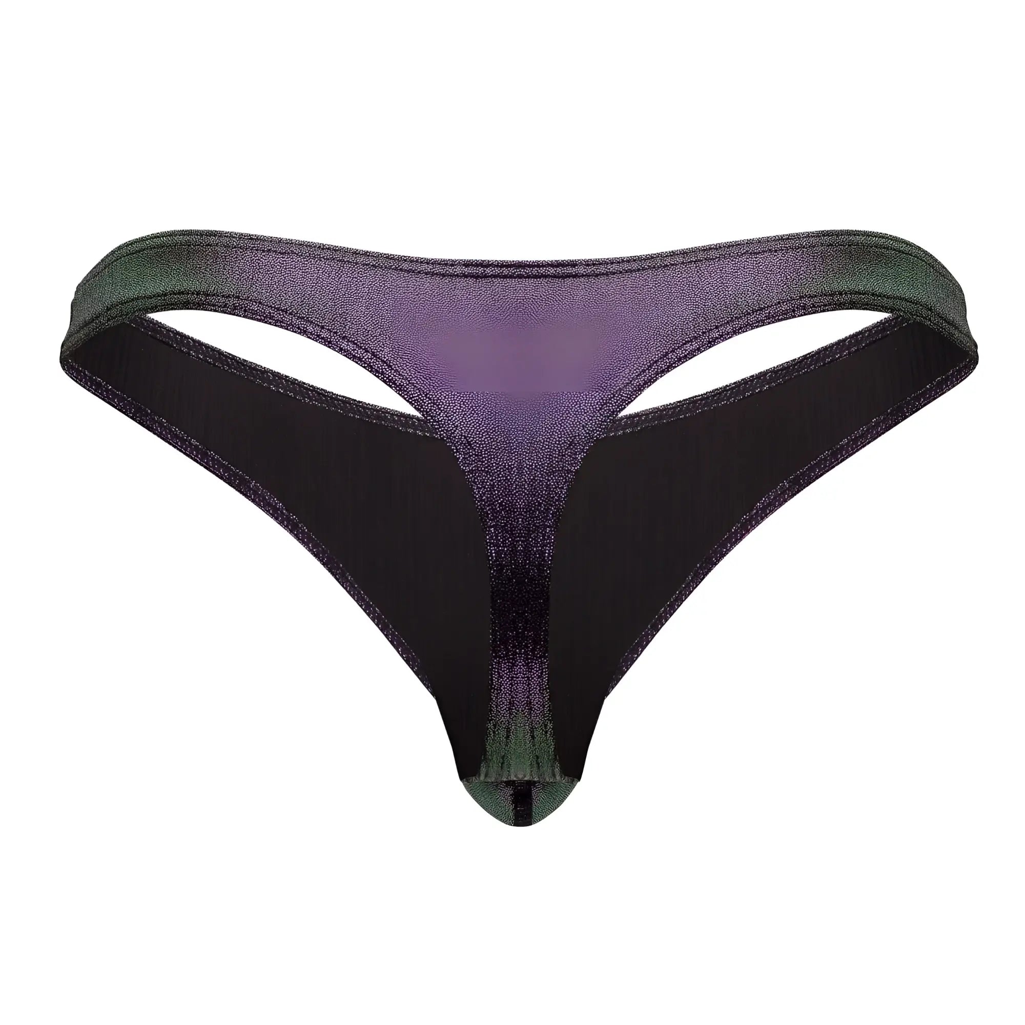 Male power 443-277 hocus pocus uplift bong thong in purple and green shimmering glittery fabric shown from the back