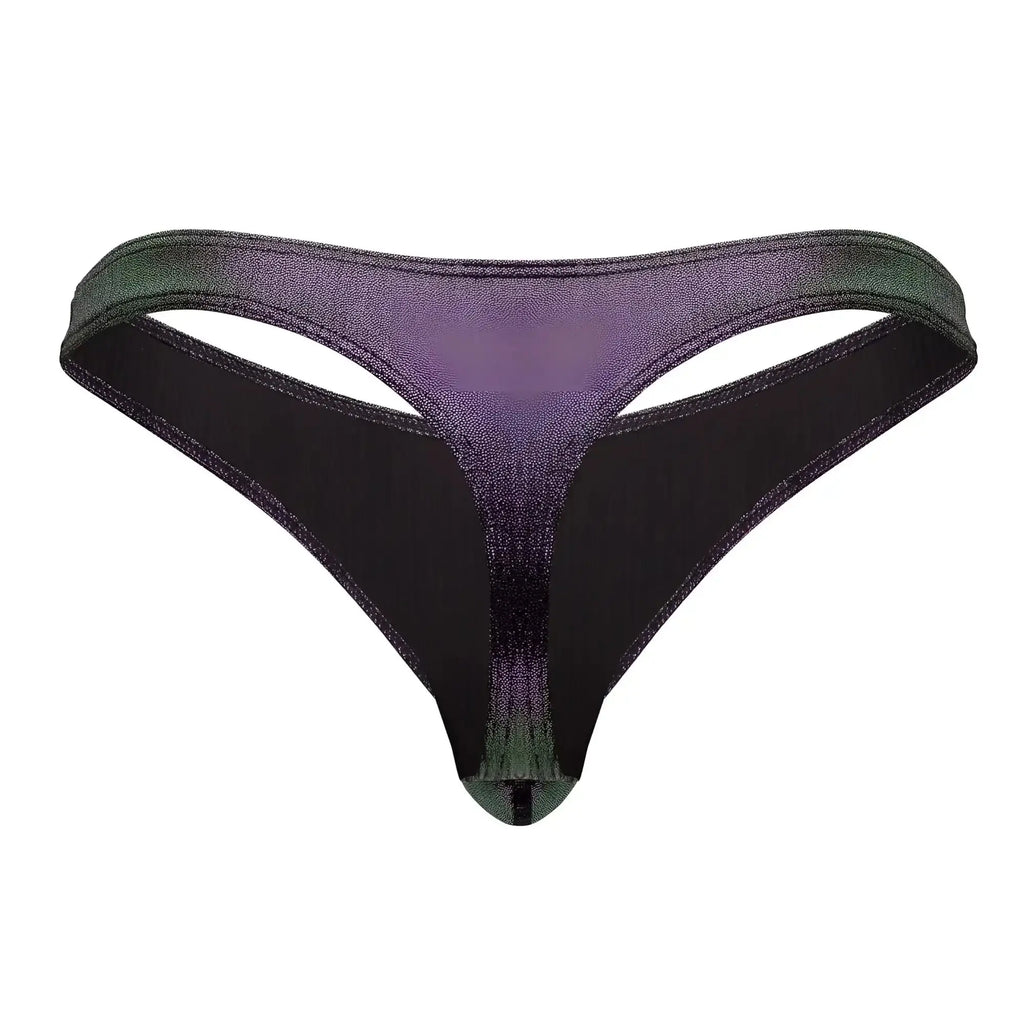 Male power 443-277 hocus pocus uplift bong thong in purple and green shimmering glittery fabric shown from the back