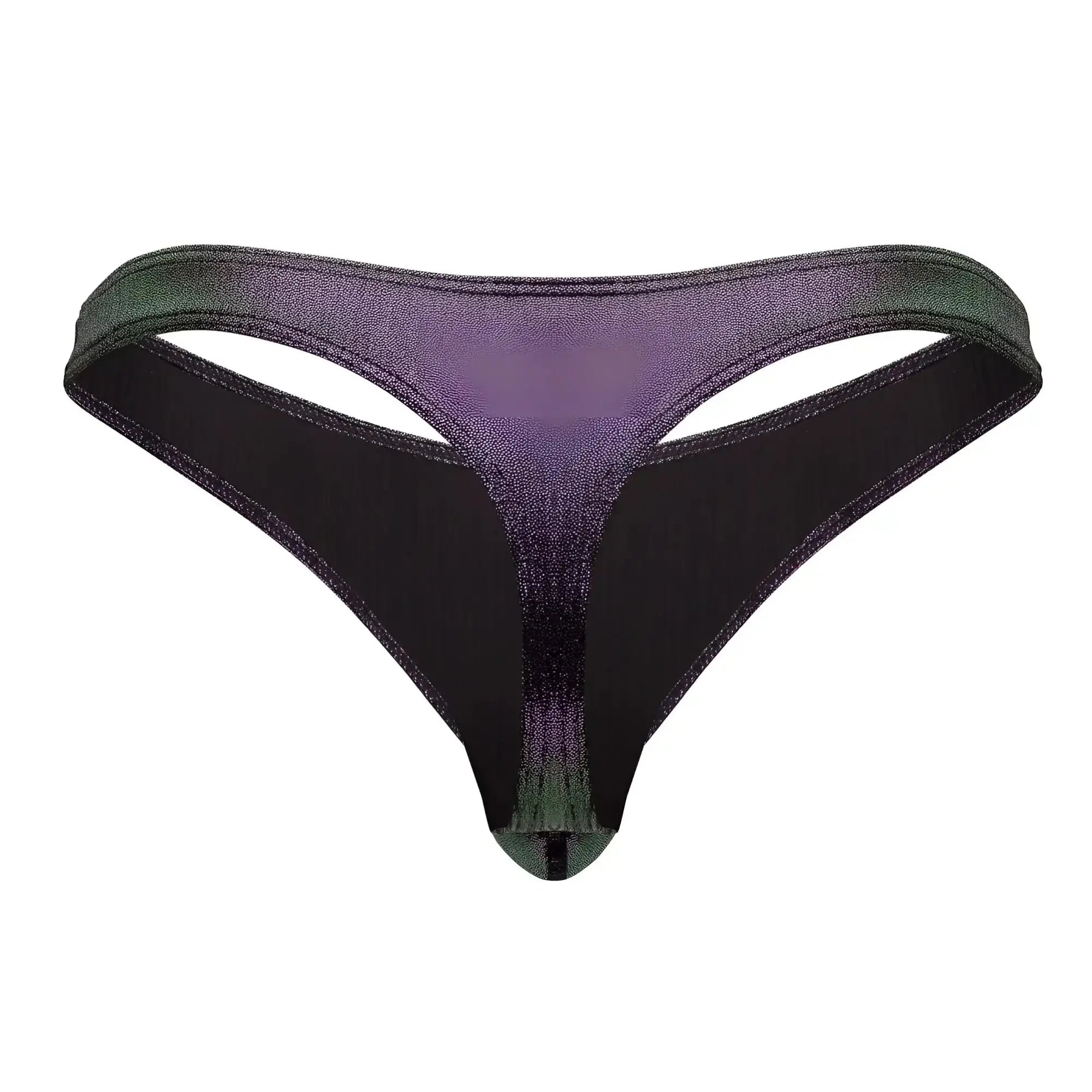 Male power 443-277 hocus pocus uplift bong thong in purple and green shimmering glittery fabric shown from the back