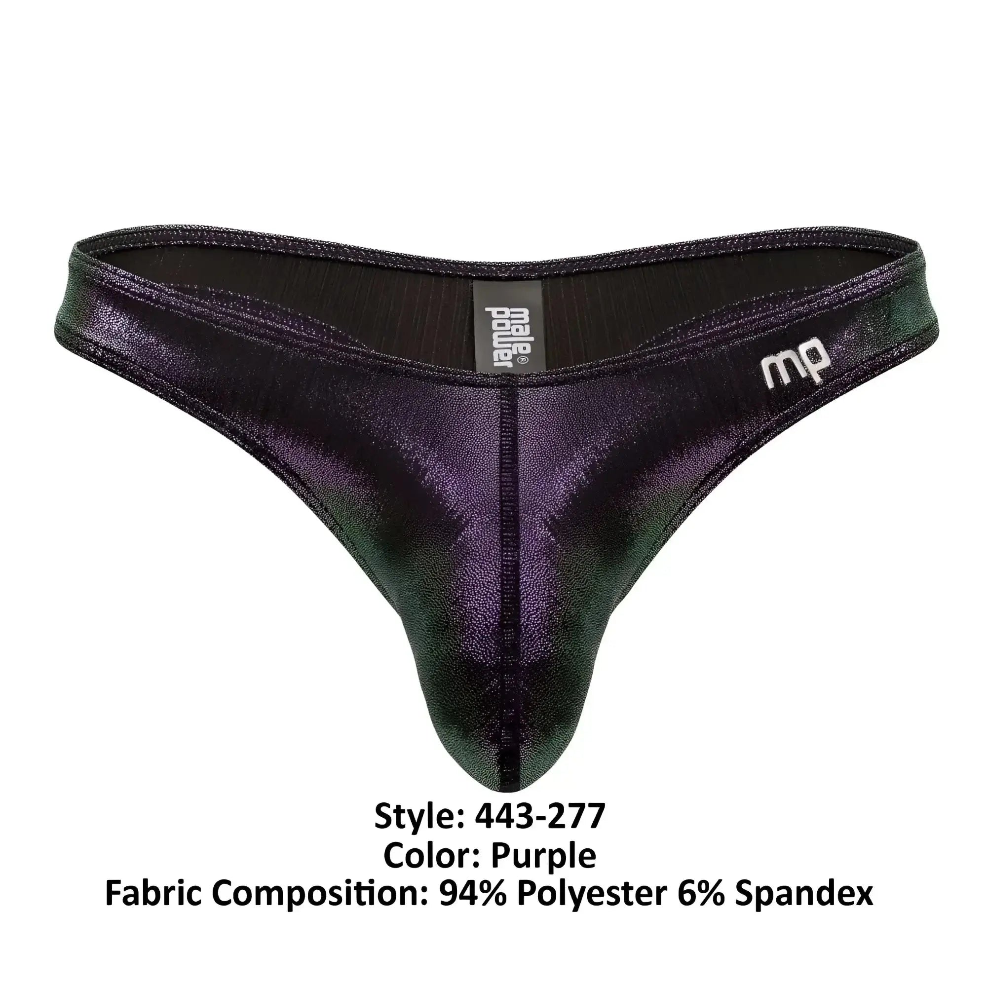 Purple metallic-finish men’s thong with iridescent sheen black waistband and mp logo from male power 443-277 hocus pocus bong