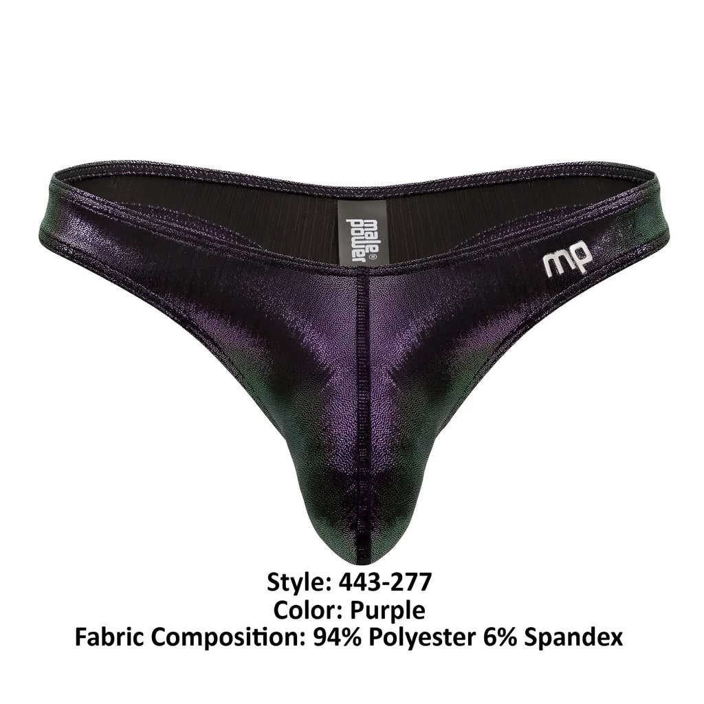Purple metallic-finish men’s thong with iridescent sheen black waistband and mp logo from male power 443-277 hocus pocus bong