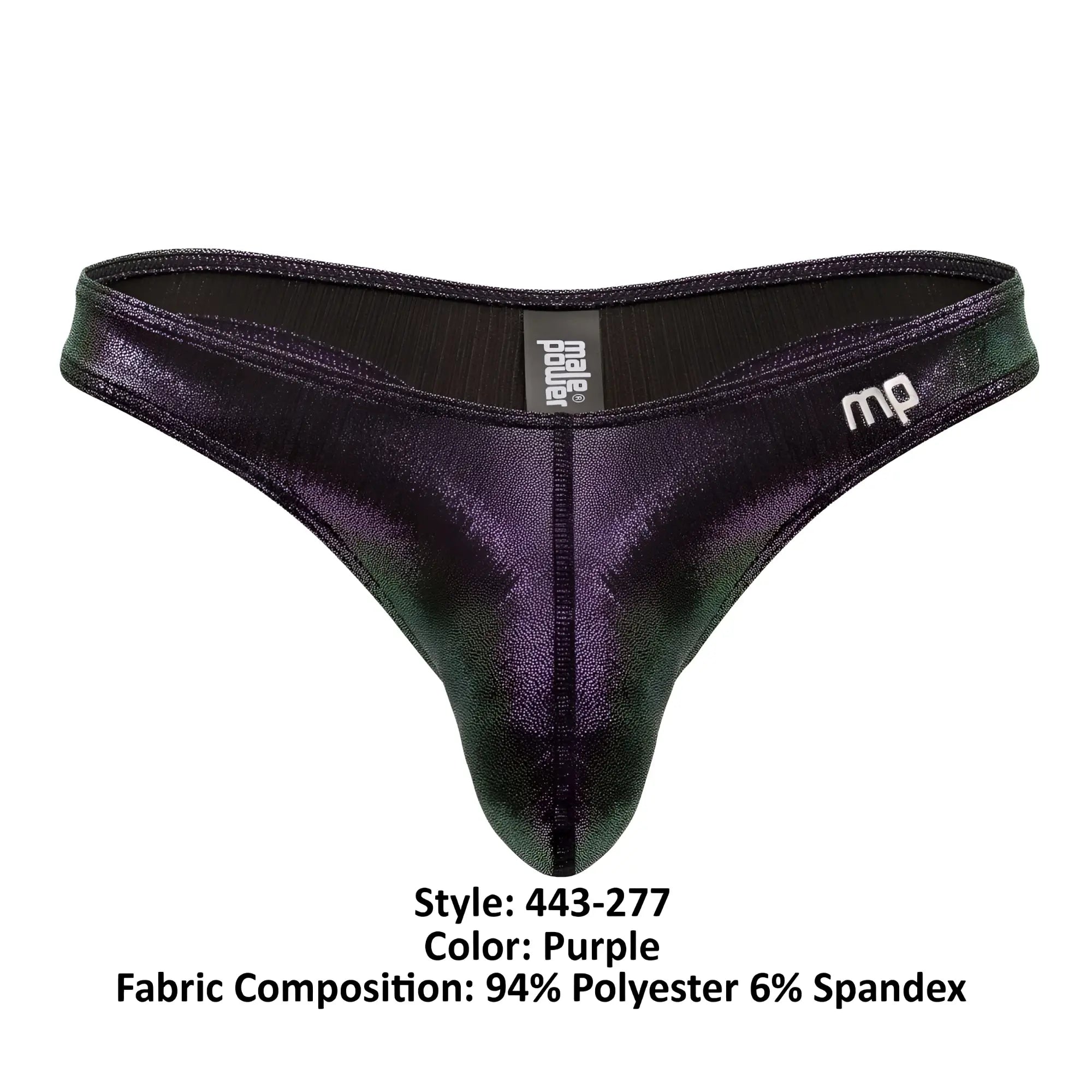 Purple metallic-finish men’s thong with iridescent sheen black waistband and mp logo from male power 443-277 hocus pocus bong