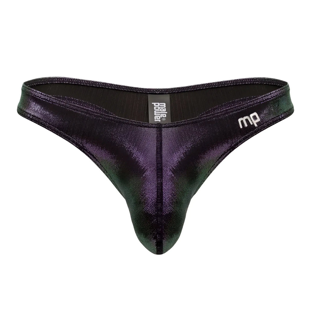 Shiny black and green iridescent men’s thong with prazer branding from male power color purple uplift bong thong