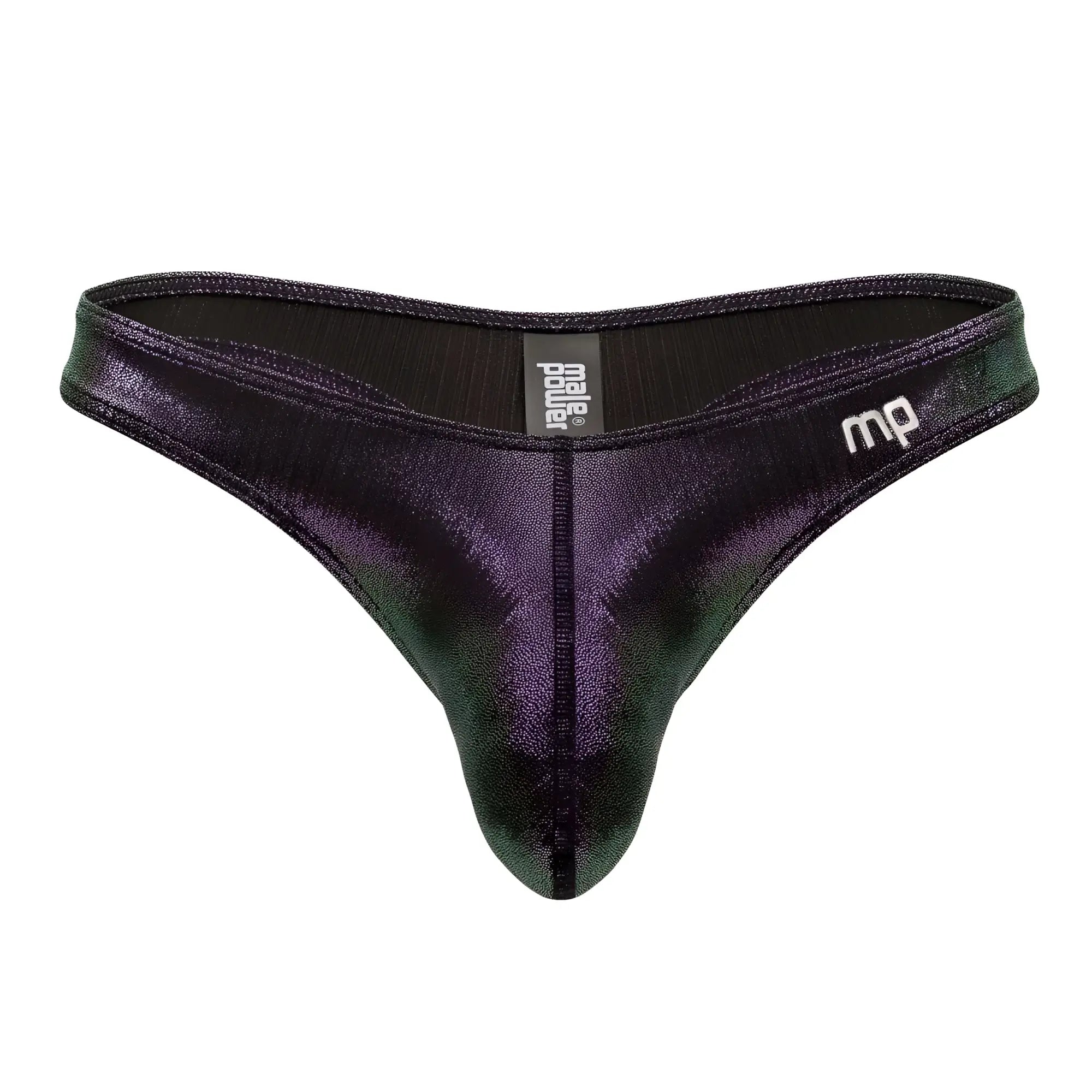 Shiny black and green iridescent men’s thong with prazer branding from male power color purple uplift bong thong