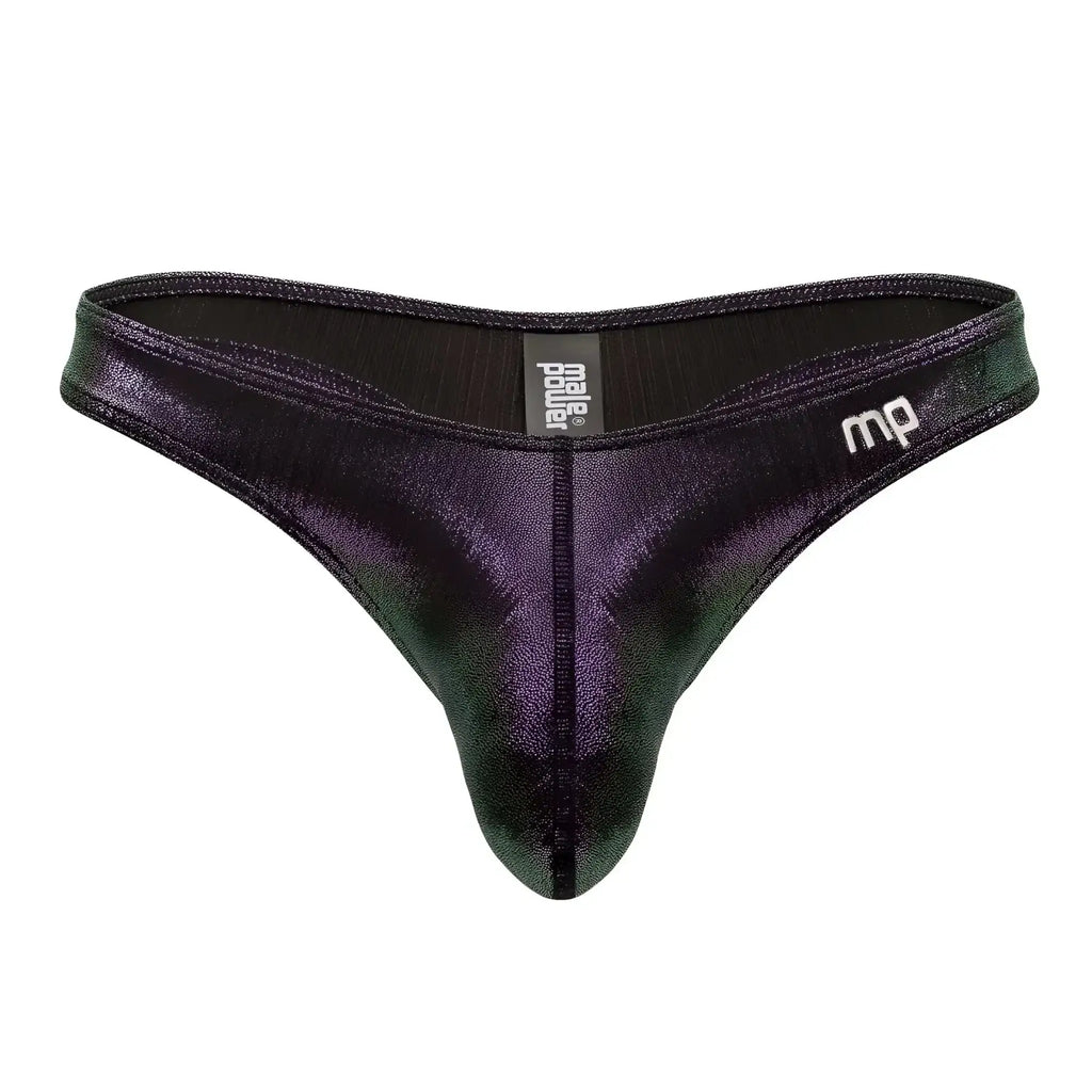 Shiny black and green iridescent men’s thong with prazer branding from male power color purple uplift bong thong