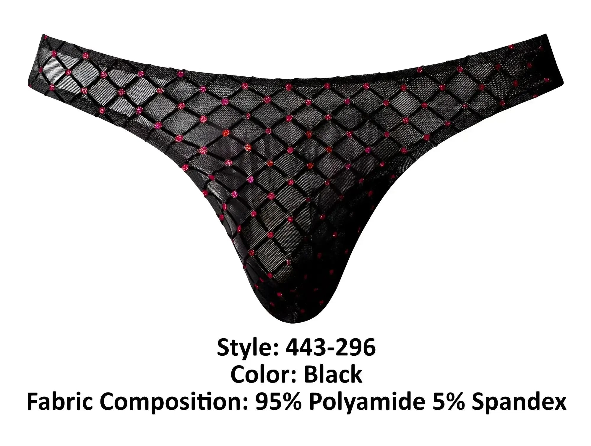 Male power 443-296 widow maker classic black thong with diamond-patterned mesh and pink rhinestone accents front view