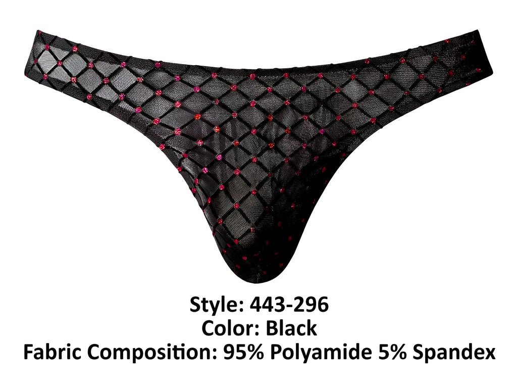 Male power 443-296 widow maker classic black thong with diamond-patterned mesh and pink rhinestone accents front view