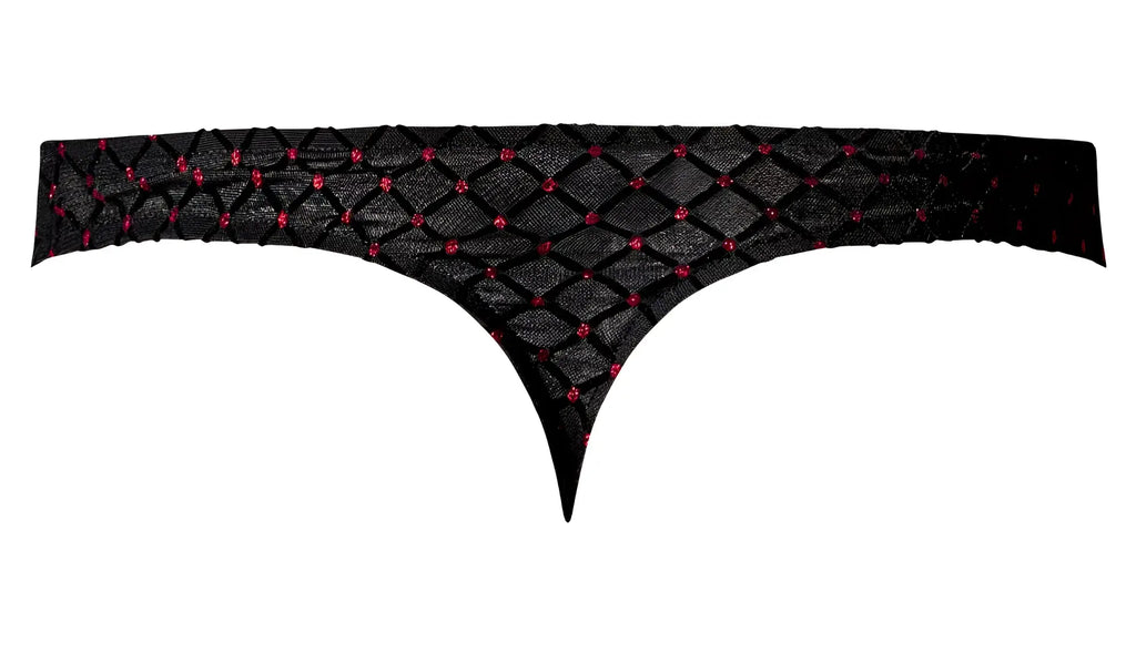 Black Male Power 443-296 widow maker classic thong with diamond-patterned mesh and pink rhinestones front view