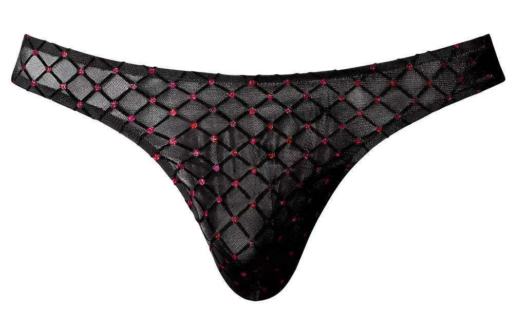 Black sheer mesh male power 443-296 widow maker classic thong adorned with pink and red rhinestones diamond pattern