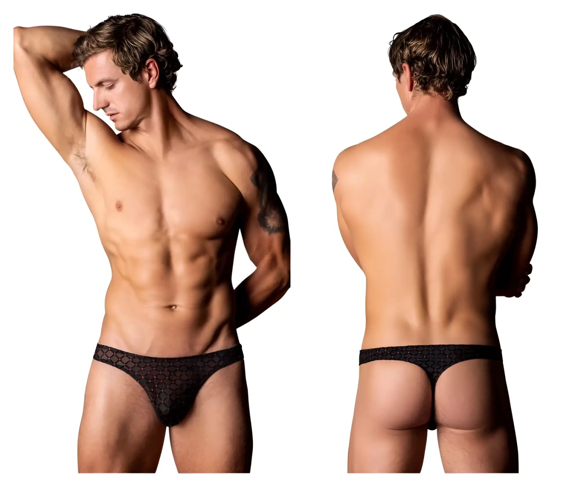 Black lace thong with subtle geometric pattern male power 443-296 widow maker classic thong in black