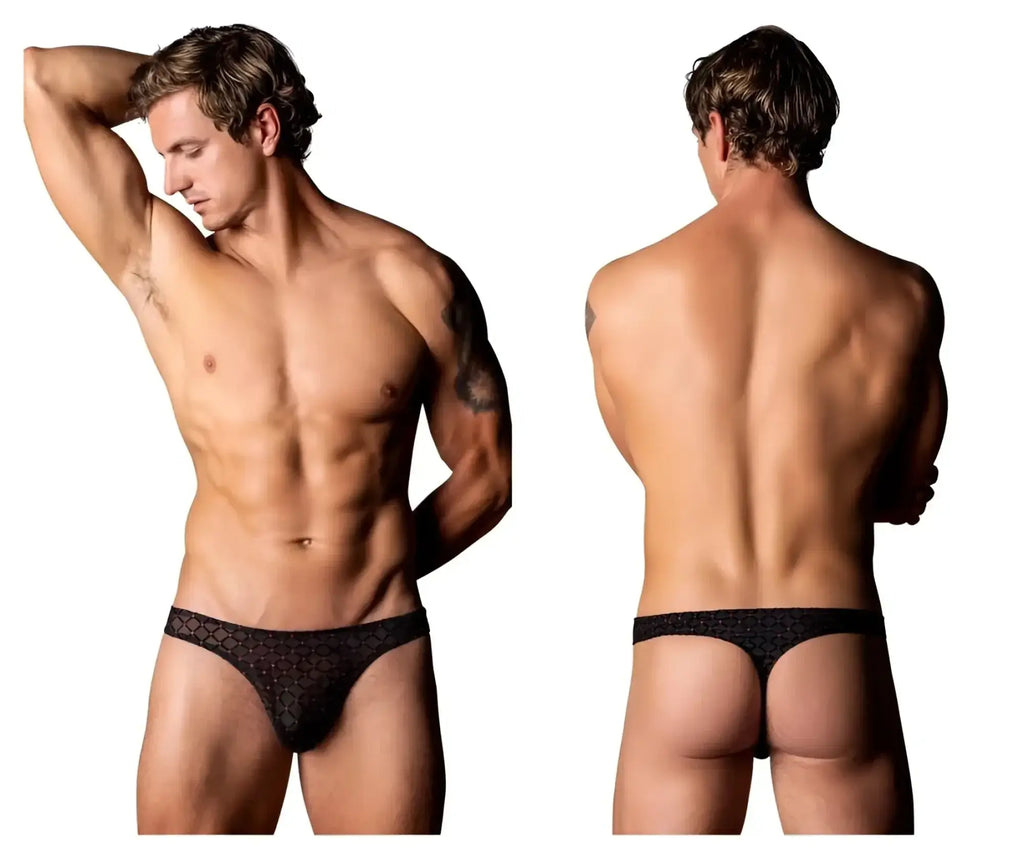 Black lace thong with subtle geometric pattern male power 443-296 widow maker classic thong in black
