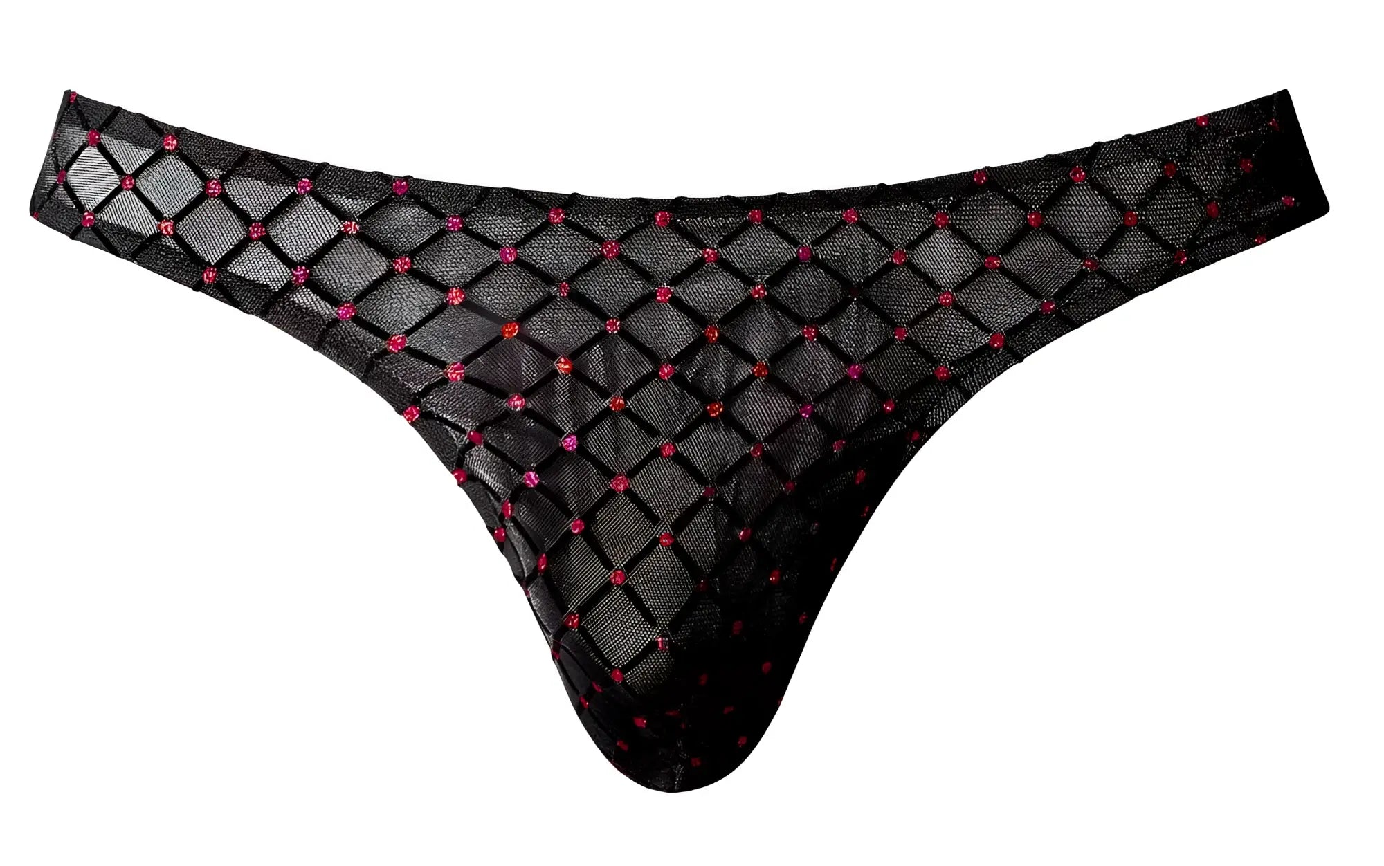 Black sheer mesh male power 443-296 widow maker classic thong adorned with pink and red rhinestones diamond pattern