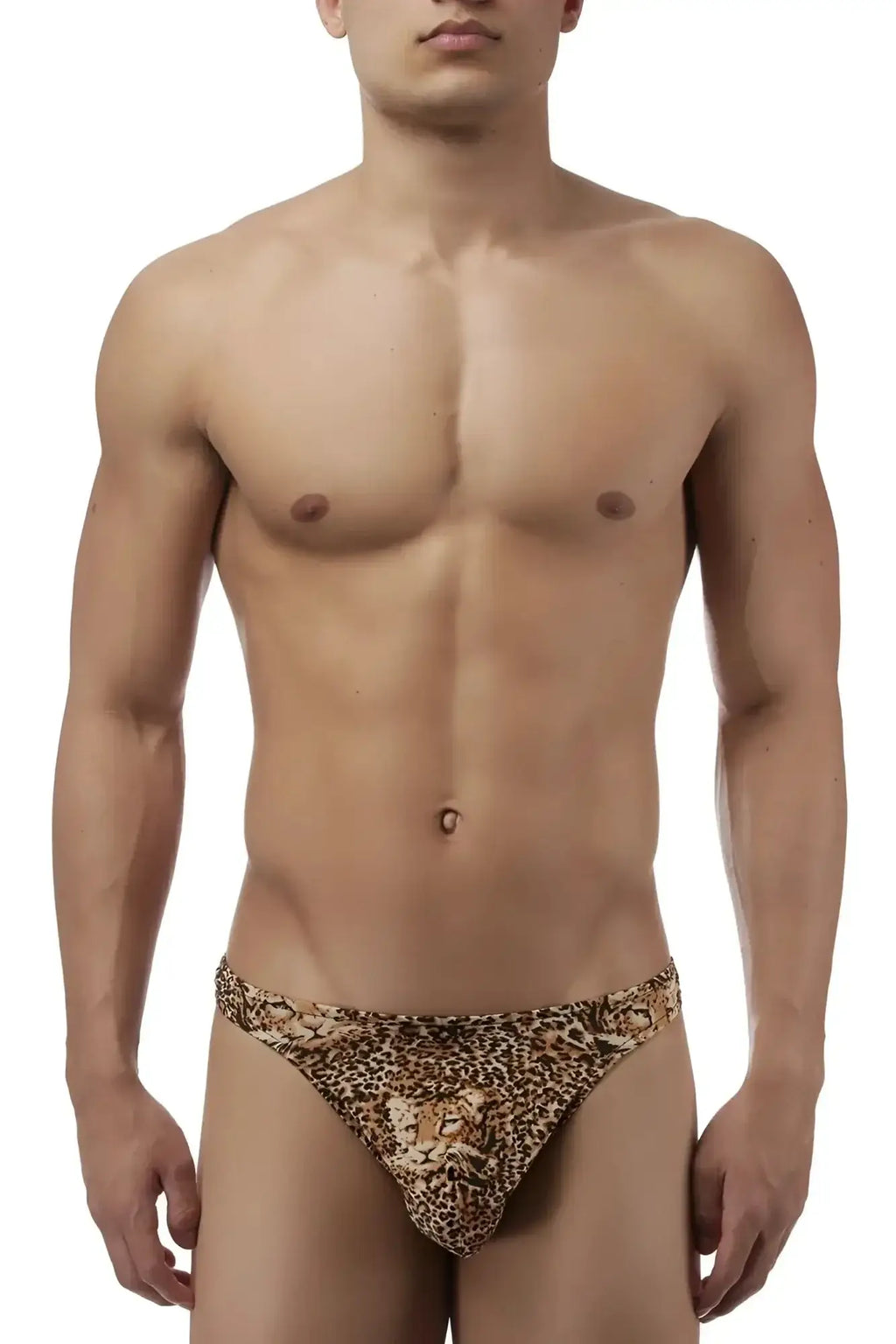 Male power 444030 brown animal wonder thong with leopard print and central lion head design for men
