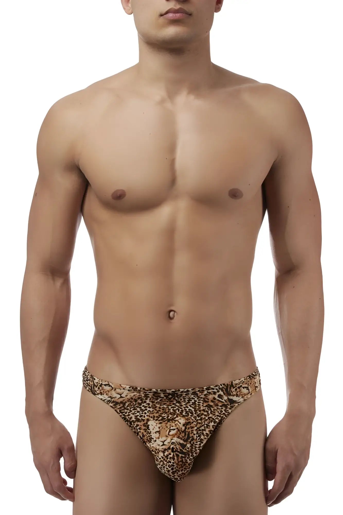 Male power 444030 brown animal wonder thong with leopard print and central lion head design for men