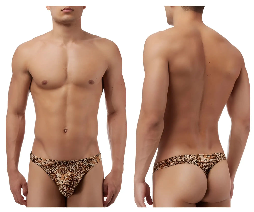 Male power 444030 animal wonder thong in brown leopard print with ornate decorative design mens briefs front view