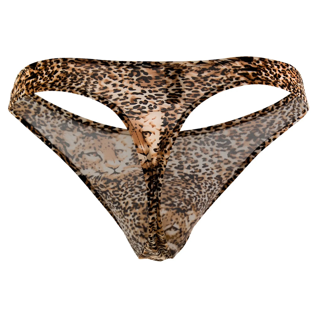 Sheer brown male power 444030 animal wonder thong with leopard print and detailed cheetah face design on front