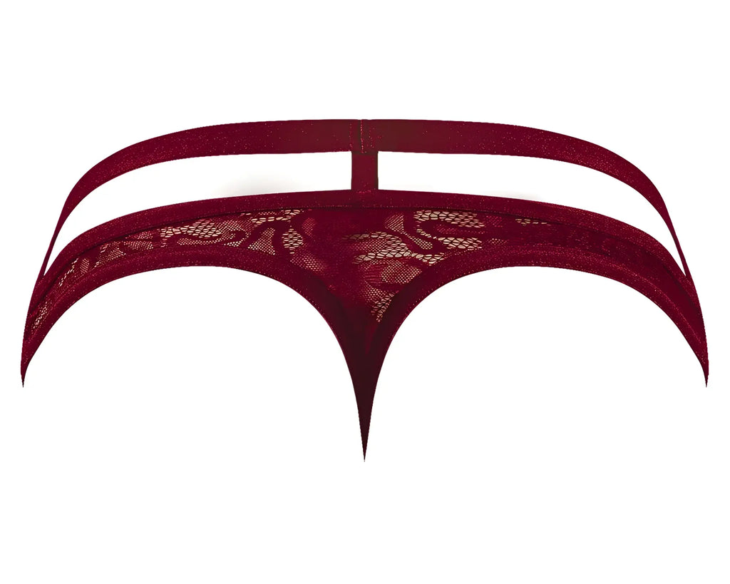 Male Power 446-289 Lucifer cut out strappy thong in burgundy with deep red lace and delicate floral pattern with supportive straps