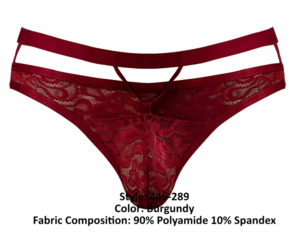 Male power 446-289 lucifer burgundy lace thong with cut-out design and elastic waistband front view