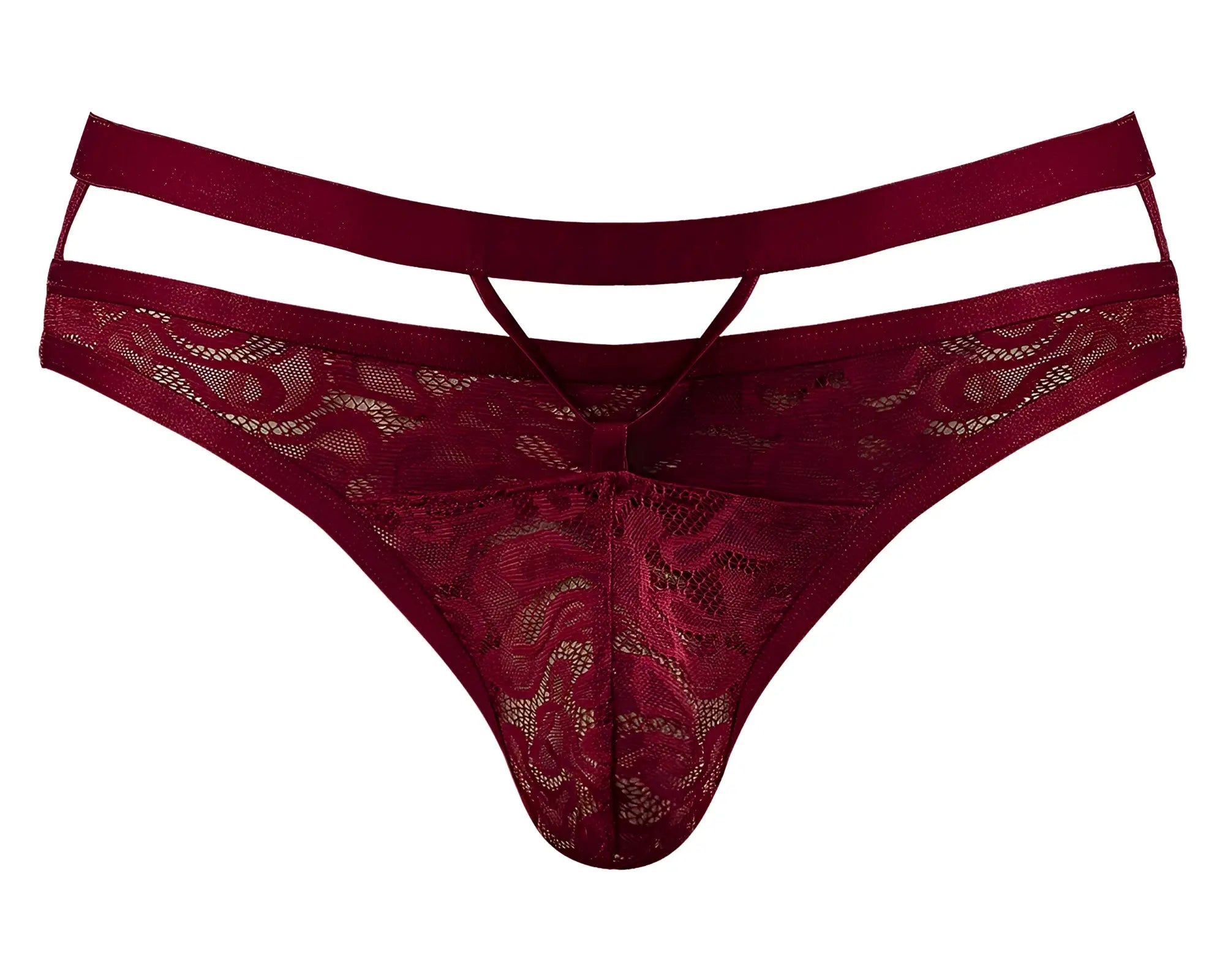 Male Power 446-289 Lucifer burgundy lace thong with satin waistband and strappy cutout design front view