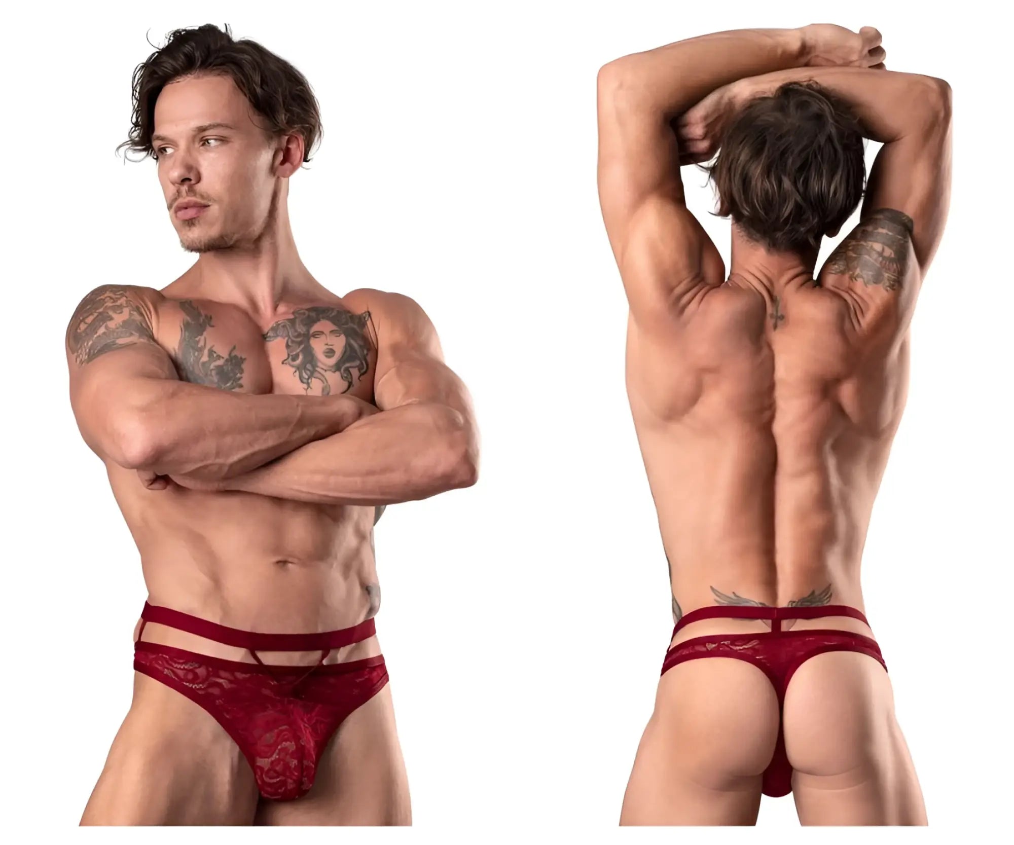 Male power 446-289 lucifer red lace thong with decorative pattern and thin elastic waistband in burgundy color